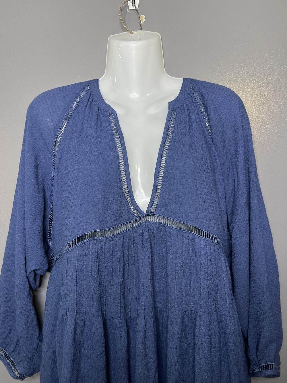 Free People Dress Womens Small Blue Deep V Empire Trapeze Swing Boho Mini